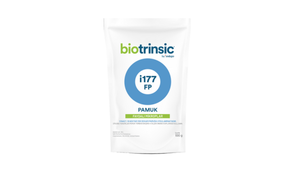 biotrinsic i177 ürün görseli – pamuk için toz mikrobiyal ürün, beyaz paket üzerinde mavi i177 FP etiketi.